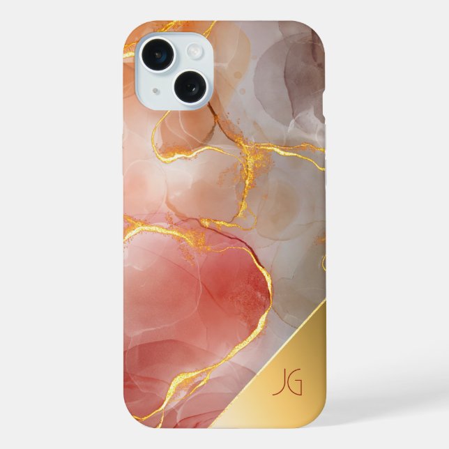 Chic Red and Gold Agate Monogram iPhone 15 Plus Hülle (Rückseite)