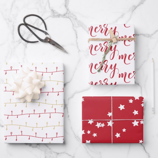 Chic Red and Gold Frohe Weihnachtsbeleuchtung & St Geschenkpapier Set (Vorderseite)