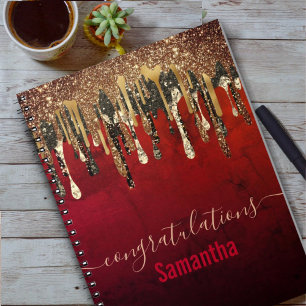 Chic Red Black and Gold Glitzer Tropfen Monogramm Notizblock