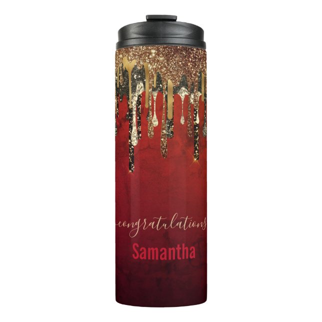 Chic Red Black and Gold Glitzer Tropfen Monogramm Thermosbecher (Vorderseite)