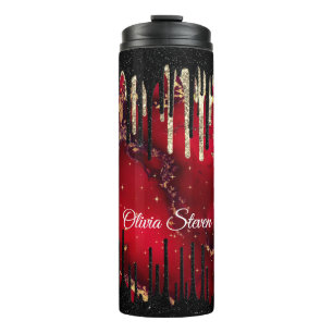 Chic red black drippings Glitzer monogram Thermosbecher