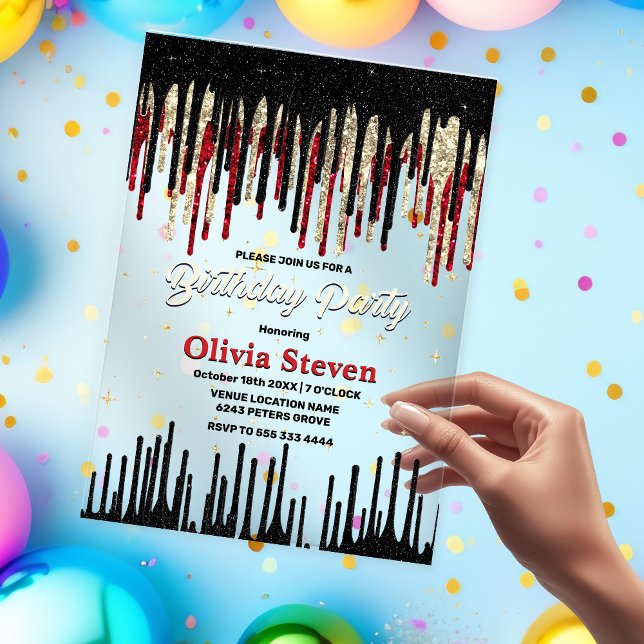 Chic Red Black Tropfen Glitzer Monogramm Geburtsta Acryleinladungen (Von Creator hochgeladen)