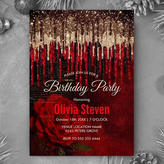 Chic Red Blume Gold Tropfen Glitzer Monogramm Einladung (Von Creator hochgeladen)