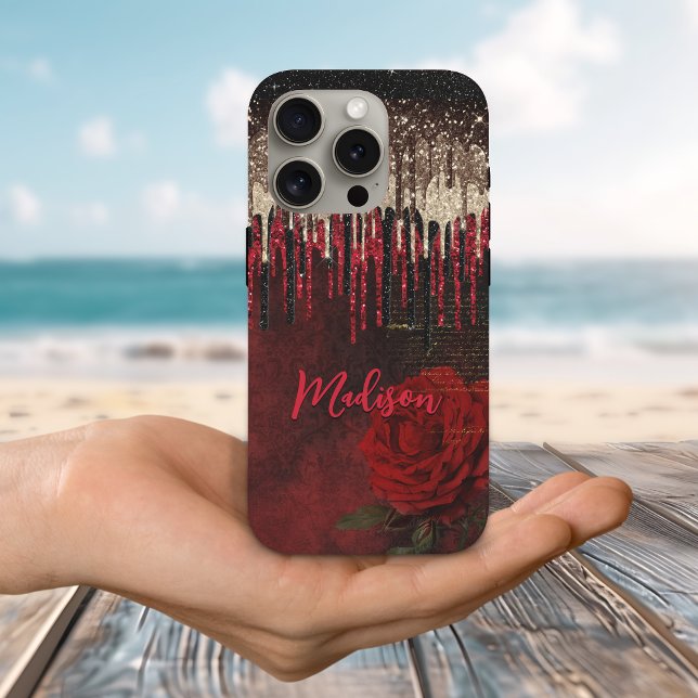 Chic Red Blume Gold Tropfen Glitzer Monogramm iPhone 16 Pro Hülle (Von Creator hochgeladen)