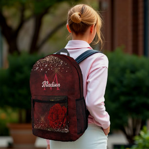 Chic Red Blume Imitate Gold Glitzer Monogramm Bedruckter Rucksack