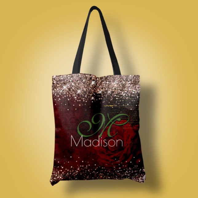 Chic Red Blume Imitate Gold Glitzer Monogramm Tasche (Von Creator hochgeladen)