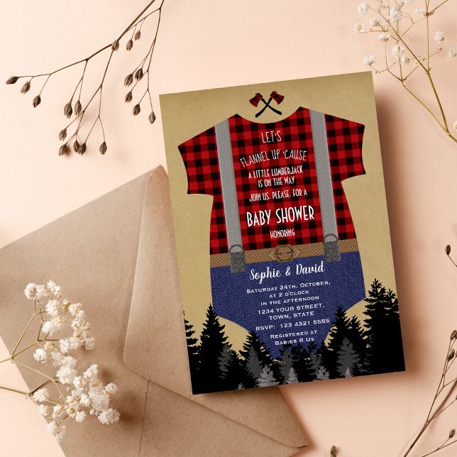 Chic Red Buffalo Baby Anzug Lumberjack Baby Dusche Einladung (red buffalo baby shower invitation rustic cute)