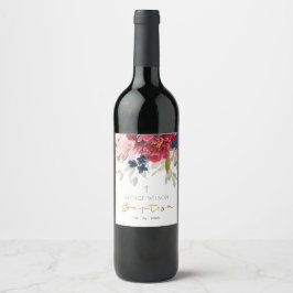 Chic Red Burgundy Blush Blue Gold Floral Taufe Weinetikett