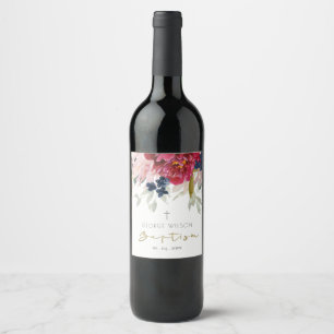 Chic Red Burgundy Blush Blue Gold Floral Taufe Weinetikett