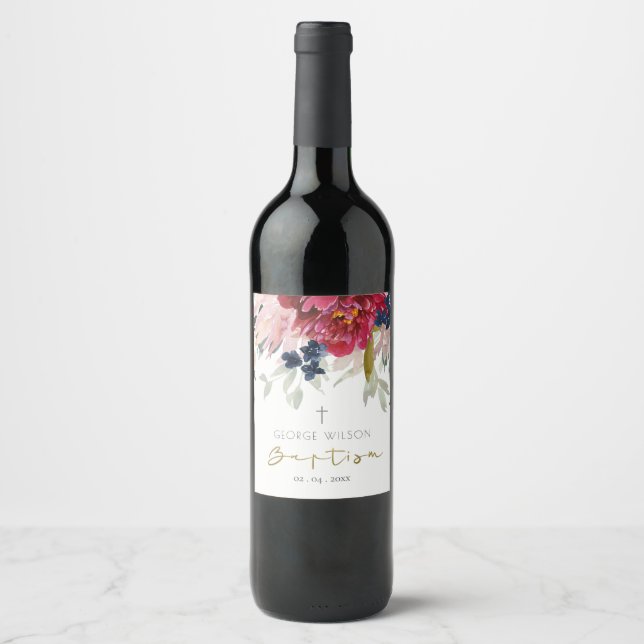 Chic Red Burgundy Blush Blue Gold Floral Taufe Weinetikett (Vorderseite)