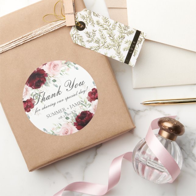 Chic Red Burgundy Blush Pink Roses Blues Hochzeit Runder Aufkleber (Schenken)