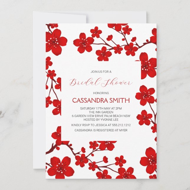 Chic Red Cherry Blossom Botanical Bridal Brunch Einladung (Vorderseite)