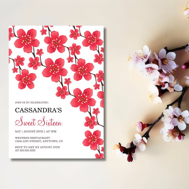 Chic Red Cherry Blossom Floral Botanical Birthday Einladung (Von Creator hochgeladen)