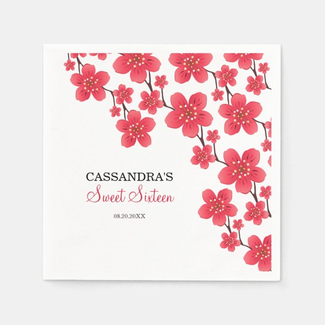 Chic Red Cherry Blossom Floral Botanical Birthday Serviette (Vorderseite)
