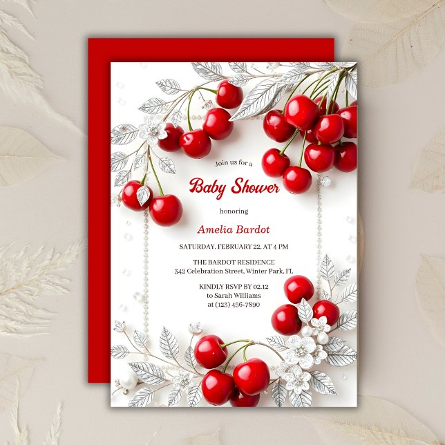 Chic Red Cherry Themed Girl Baby Dusche Einladung (Chic Red Cherry Themed Girl Baby Shower Invitation)