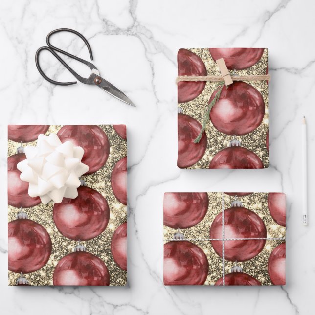 Chic Red Christmas Balls Gold Glitzer Glitzern Geschenkpapier Set (Vorderseite)