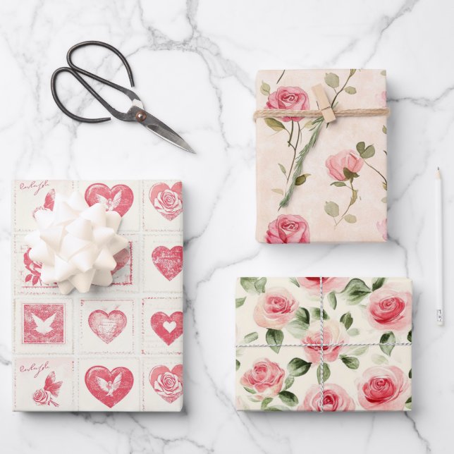 Chic Red Cream Liebe Hearts Wedding Geschenkpapier Set (Vorderseite)