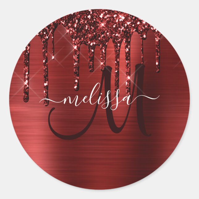 Chic Red Dripping Glitzer Brushed Metal Glam Runder Aufkleber (Vorderseite)