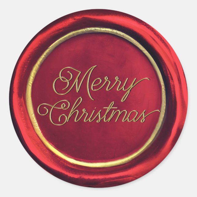 Chic Red & Gold Frohe Weihnachts-Wachs Siegel Stic Runder Aufkleber (Vorderseite)