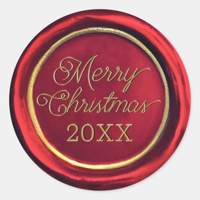 Chic Red & Gold Frohe Weihnachts-Wachs Siegel Stic Runder Aufkleber (Vorderseite)