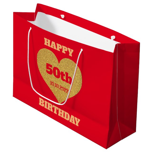 Chic Red & Gold Glitzer Herzlichen Glückwunsch 50. Große Geschenktüte (Vorderseite Schrägansicht)
