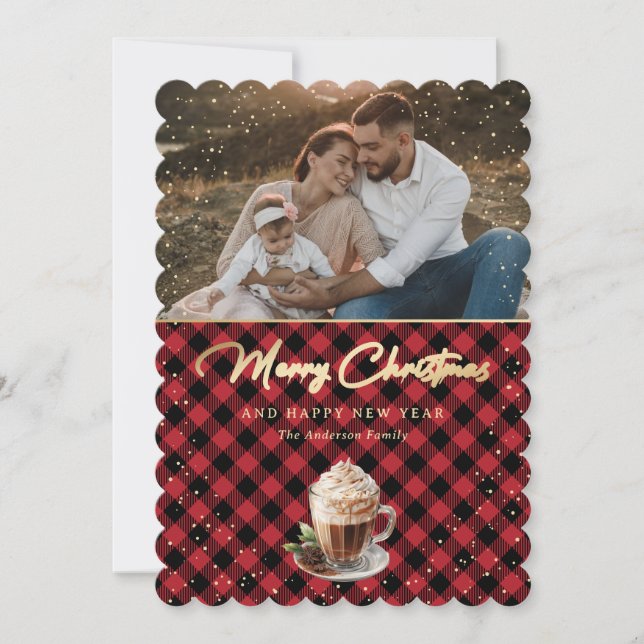Chic Red Gold Kariertes Foto Frohe Weihnachten (Vorderseite)