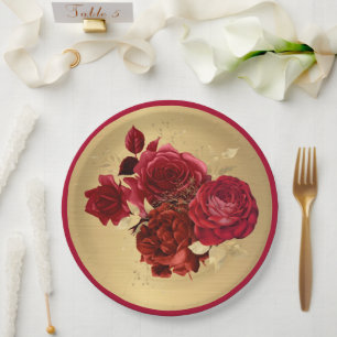 Chic Red Gold Rose Floral Pappteller
