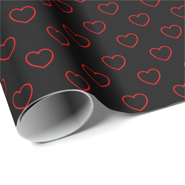 Chic Red Heart Muster auf Schwarz Geschenkpapier (Rolleneckpunkt)