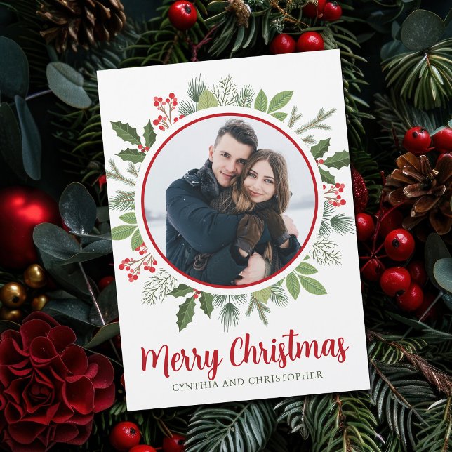 Chic Red Holly Christmas Wreath Foto Magnet Card (Von Creator hochgeladen)