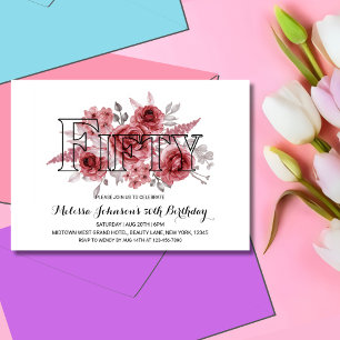 Chic Red Maroon Greenery Floral 50. Geburtstag Einladung