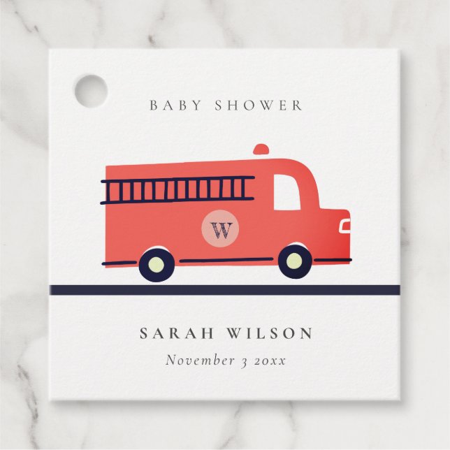 Chic Red Navy Fire Truck Motor Baby Shower Geschenkanhänger (Vorderseite)