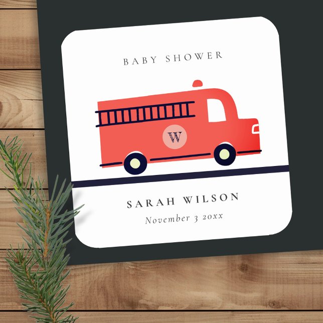 Chic Red Navy Fire Truck Motor Baby Shower Quadratischer Aufkleber (Von Creator hochgeladen)