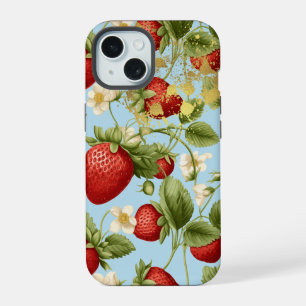 Chic Red, Pastel Blue und Gold Erdbeeren Früchte iPhone 15 Hülle
