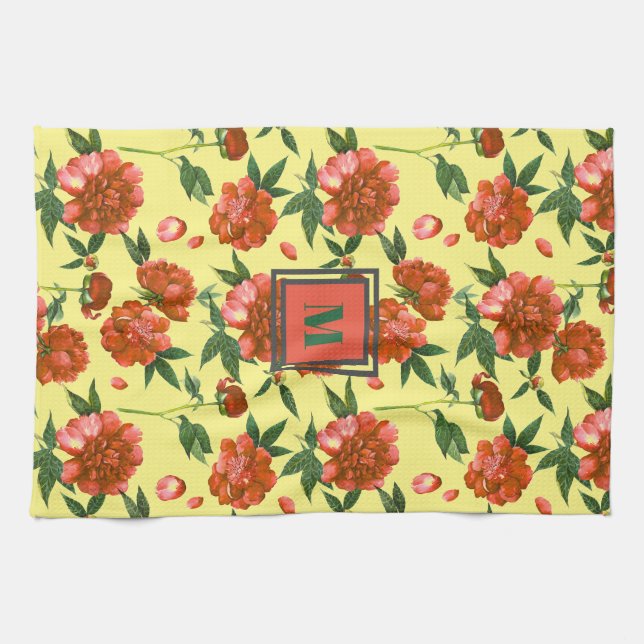Chic Red Peonies Blooming Blume Muster Monogramm Geschirrtuch (Horizontal)
