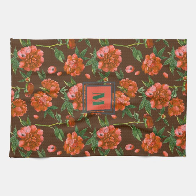 Chic Red Peonies Blooming Blume Muster Monogramm Geschirrtuch (Horizontal)