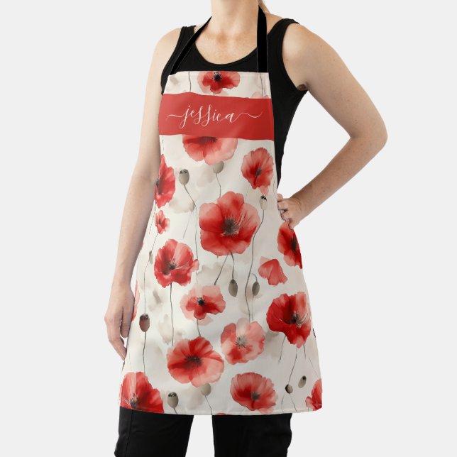 Chic red poppies script name apron schürze (InSitu)