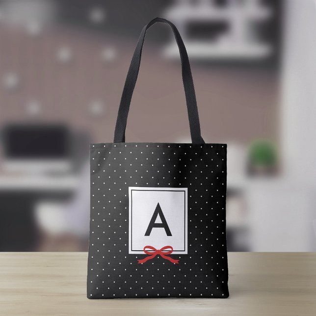 Chic Red Ribbon Black Polka Dot Muster Monogramm Tasche (Von Creator hochgeladen)