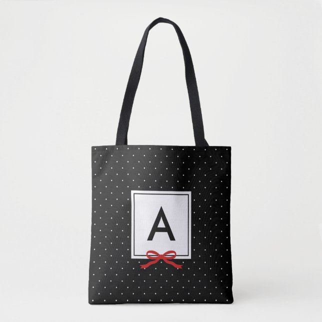 Chic Red Ribbon Black Polka Dot Muster Monogramm Tasche (Vorderseite)