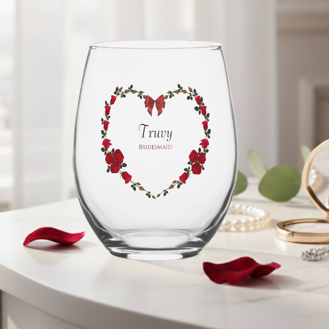 Chic Red Rose Bridesmaid Gift Drinkware Set Weinglas Ohne Stiel (Elegant red rose bridesmaid wine glass for a stunning wedding party toast.)