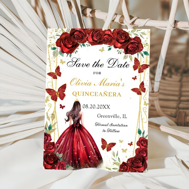Chic Red Rose Floral Quinceanera Princess Save The Date (Von Creator hochgeladen)