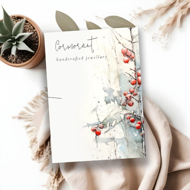 Chic Red Snow Winter Berries Necklace Holder Visitenkarte (Von Creator hochgeladen)