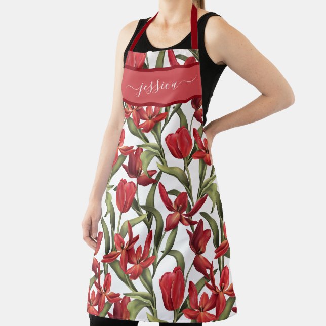 Chic red tulips script name schürze (InSitu)