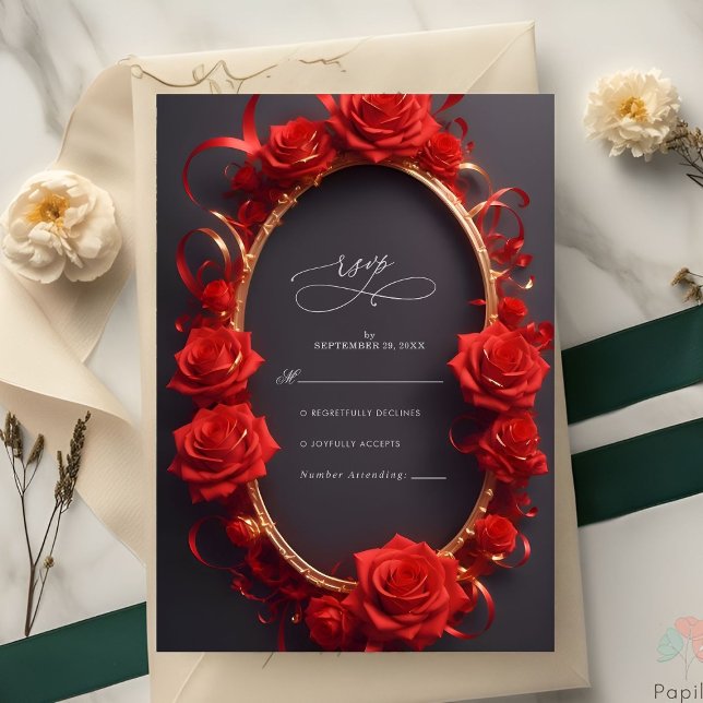 Chic Red Turkish Rose golden Frame Wedding RSVP Karte (Von Creator hochgeladen)