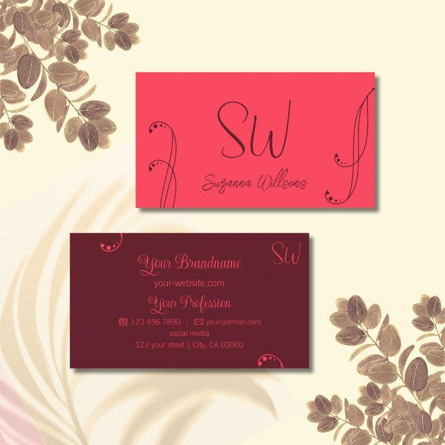 Chic Red und Burgund Modern Verziert mit Monogram Visitenkarte (Von Creator hochgeladen)
