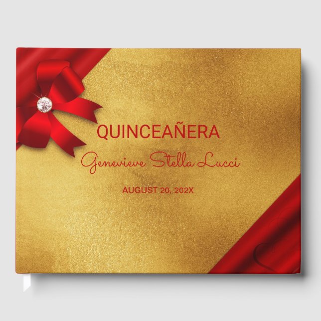 Chic Red und Gold Quinceñera Gästebuch (Vorderseite)