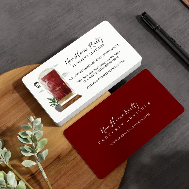 Chic Red Watercolor Fronttürendesign Visitenkarte (Chic Red Watercolor Front Door Entranceway Design Business Card)