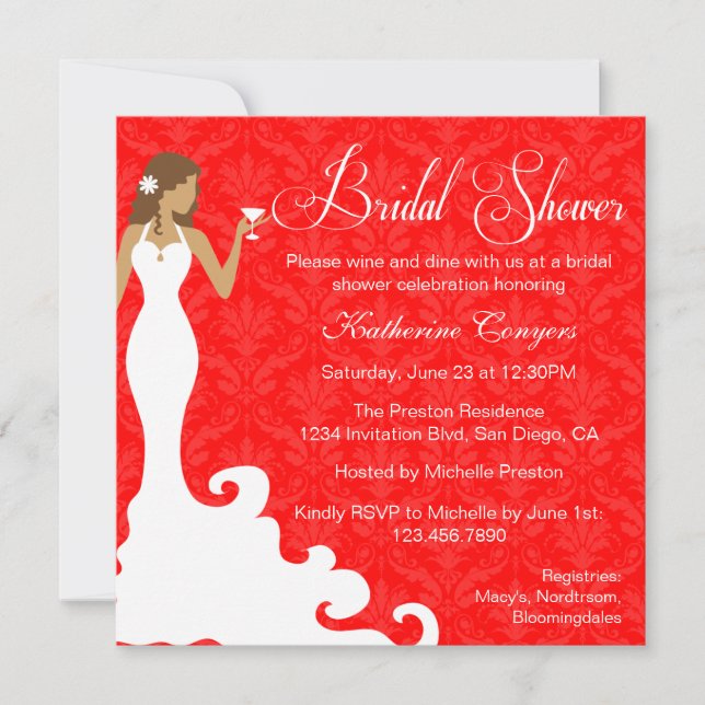 Chic Red Wine Damask Bridal Shower Invitation (Devant)