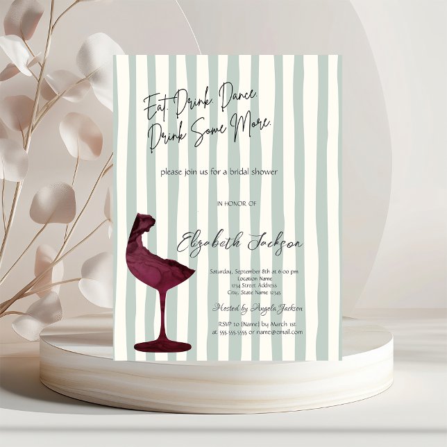 Chic Red Wine Glass Green Striped  Einladung (Von Creator hochgeladen)