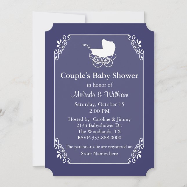 Chic Regency Blue und White Couple's Baby Dusche Einladung (Vorderseite)