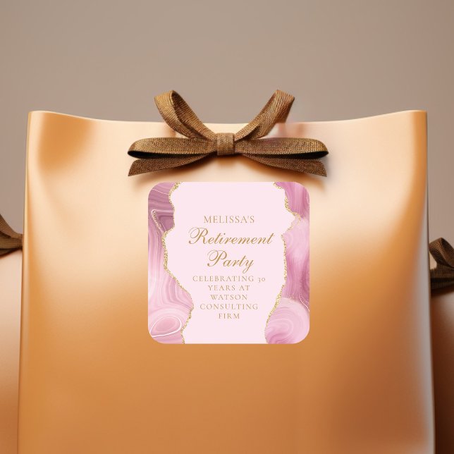 Chic Retirement Party Pink Gold Agate Custom Quadratischer Aufkleber (Von Creator hochgeladen)